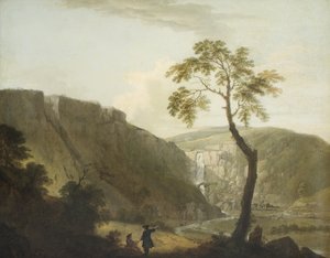 Paysage rocheux avec une cascade et un artiste assis au premier plan