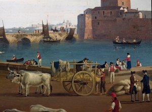 Vue du port de Tarente en Italie au 18ème siècle Dockers dans le port déchargeant les marchandises, charrette tirée par des bœufs - Jacob Philippe Hackert
