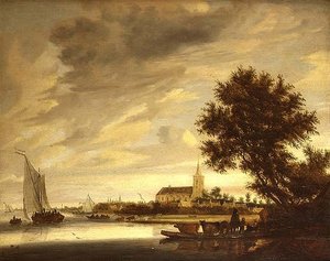 Paysage fluvial avec un bac au premier plan - Jacob Salomonsz. (circle of) Ruysdael