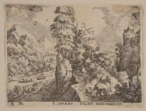 Chemin avec des voyageurs à droite de la rivière, extrait de Paysages