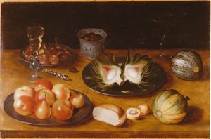Nature morte de fruits, avec verrerie et petit pain, sur un rebord en bois
