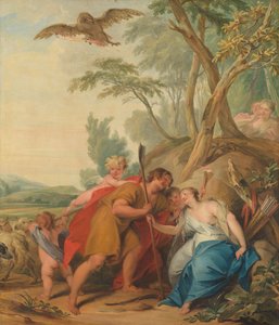 Jupiter, déguisé en berger, séduisant Mnémosyne, la déesse de la mémoire