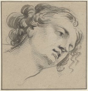Tête de femme avec cheveux bouclés, trois quarts vers la droite et penchée en avant - Jacob de Wit