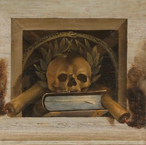 Nature morte de vanité avec crâne couronné de laurier, livre et deux bougies allumées - Jacob van Campen