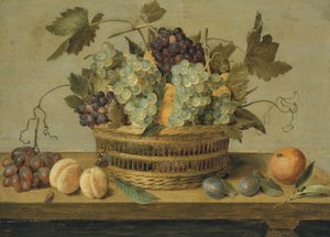 Nectarines et raisins dans un panier sur une table, avec des prunes, des oranges, un papillon et un scarabée