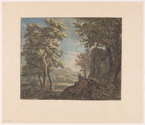 Paysage arcadien avec ruine antique et deux hommes