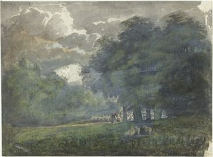 Bergers avec troupeau dans un paysage boisé