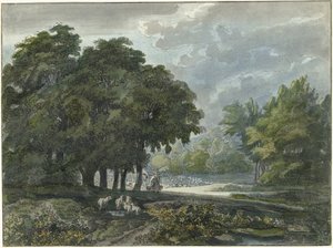 Bergers avec troupeau dans un paysage boisé