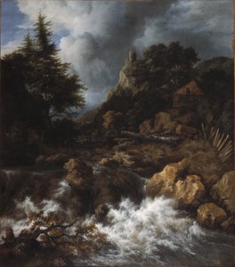 Cascade avec une maison à colombages et un château