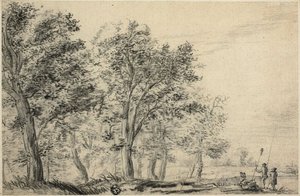 Paysage de Rivière Boisé avec Trois Personnes Pêchant