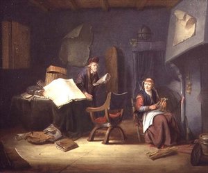 Intérieur avec un érudit et une vieille dame filant - Jacob van Spreeuwen