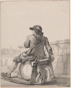 Homme assis sur un tonneau sur une brouette