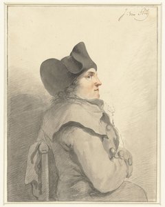 Homme assis avec un chapeau noir, de profil, vers la droite