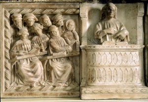 Monument funéraire de Carlo, Roberto et Riccardo da Saliceto : étudiants assistant à un cours (sculpture, vers 1403)