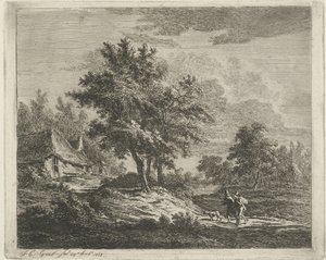 Paysage avec promeneurs près de trois arbres