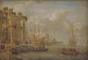 Scène de port avec ruines antiques