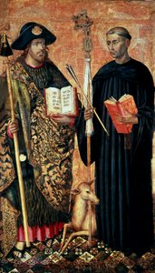 Saint Jacques de Compostelle représenté en pèlerin avec le bâton, le chapeau et la coquille, et Saint Gilles l