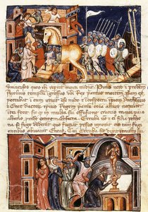 Siège et assaut de la ville de Troie, miniature de "Historia destructionis Troiae" de Guido delle Colonne (c. 1210- c. 1287)