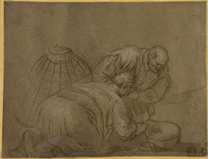 Couple de paysans regardant dans un panier