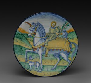 Assiette : Homme chevauchant une licorne, vers 1510