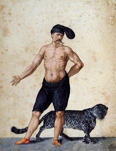 Jeune homme africain debout devant, à moitié habillé portant une longue berrette sur la tête, avec un tigre derrière lui, dessin de Jacopo Ligozzi - Jacopo Ligozzi