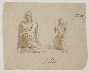Homme agenouillé, fille avec une bougie montant des escaliers (la Vierge entrant dans le Temple), esquisse en perspective pour les escaliers