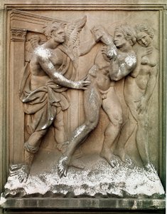 Adam et Ève chassés du Paradis terrestre. Bas-relief en marbre par Jacopo Della Quercia (1374/8-1438) 1430-1435. Bologne, Chiesa di San Petronio