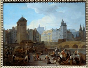 Révolution française : Vue du pont et de la pompe Notre-Dame à Paris