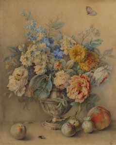 Fleurs dans un Caster en Argent, Fruits au Premier Plan