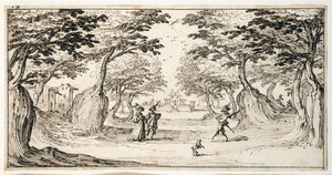 Une dame et un gentleman dansant dans les bois au son d
