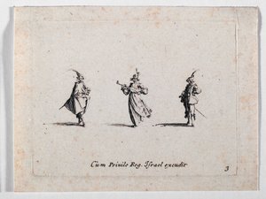 Une dame faisant de la musique et deux cavaliers, de ... (gravure) - Jacques Callot