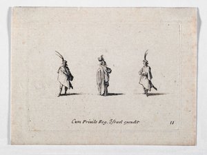 Une dame au long manteau et deux cavaliers, de ... (gravure) - Jacques Callot