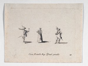 Une dame avec une bouteille de vin et deux cavaliers, de ... (gravure) - Jacques Callot