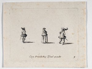 Une dame aux bras croisés et deux cavaliers, de ... (gravure) - Jacques Callot