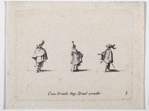 Une dame à la jupe froncée et deux cavaliers, d