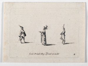 Une dame au chapeau à plumes et deux cavaliers, de ... (gravure) - Jacques Callot