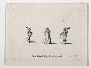 Une dame à la robe richement plissée, vue de dos, et deux cavaliers, d