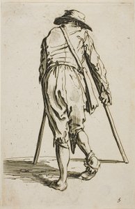 Mendiant sur des béquilles et portant un chapeau, vu de dos, planche cinq de Les Mendiants - Jacques Callot