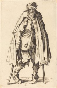 Mendiant avec des béquilles et un sac