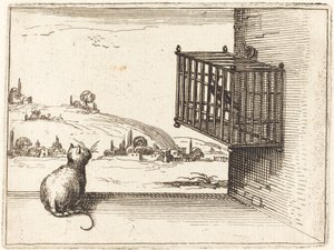 Chat regardant un oiseau en cage - Jacques Callot