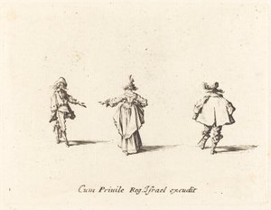 Dame avec un bras tendu, vue de dos, et deux gentilshommes - Jacques Callot