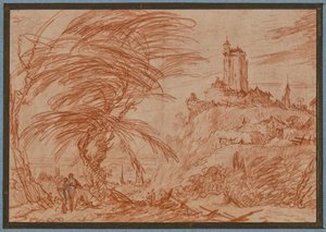 Landschaft, rechts auf einem Hügel ein großer Turm, links eine Baumgruppe und einige Figuren - Jacques Callot