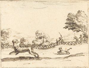 Lionne et lionceau poursuivis par des chasseurs - Jacques Callot