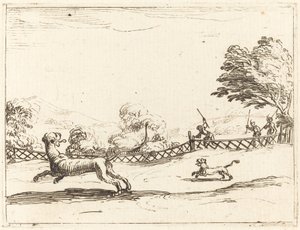 Lionne et son petit poursuivis par des chasseurs - Jacques Callot