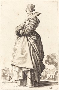 Femme noble de profil avec ses mains dans un manchon - Jacques Callot