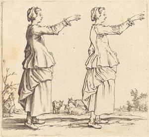 Paysanne, de profil, face à droite, avec bras étendu - Jacques Callot