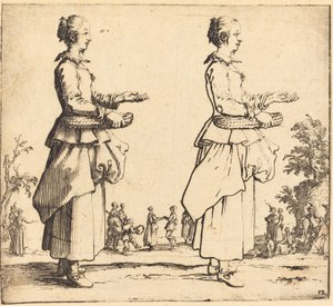 Femme paysanne avec panier, de profil, face à droite - Jacques Callot