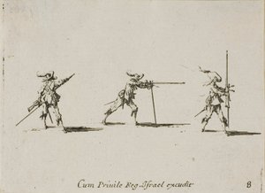 Prise de position de tir avec le mousquet, planche huit des Exercices militaires - Jacques Callot