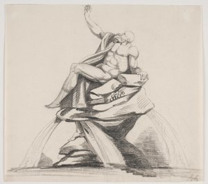 Figure masculine barbu en vêtements vue de profil sur une fontaine - Jacques Francois Joseph Saly