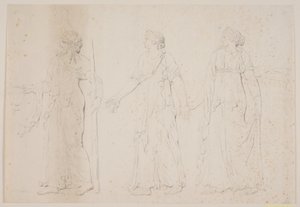 Offrande (?) Trois figures marchant en vêtements grecs. Devant, un homme portant une amphore et un bâton ou une torche, suivi de deux femmes